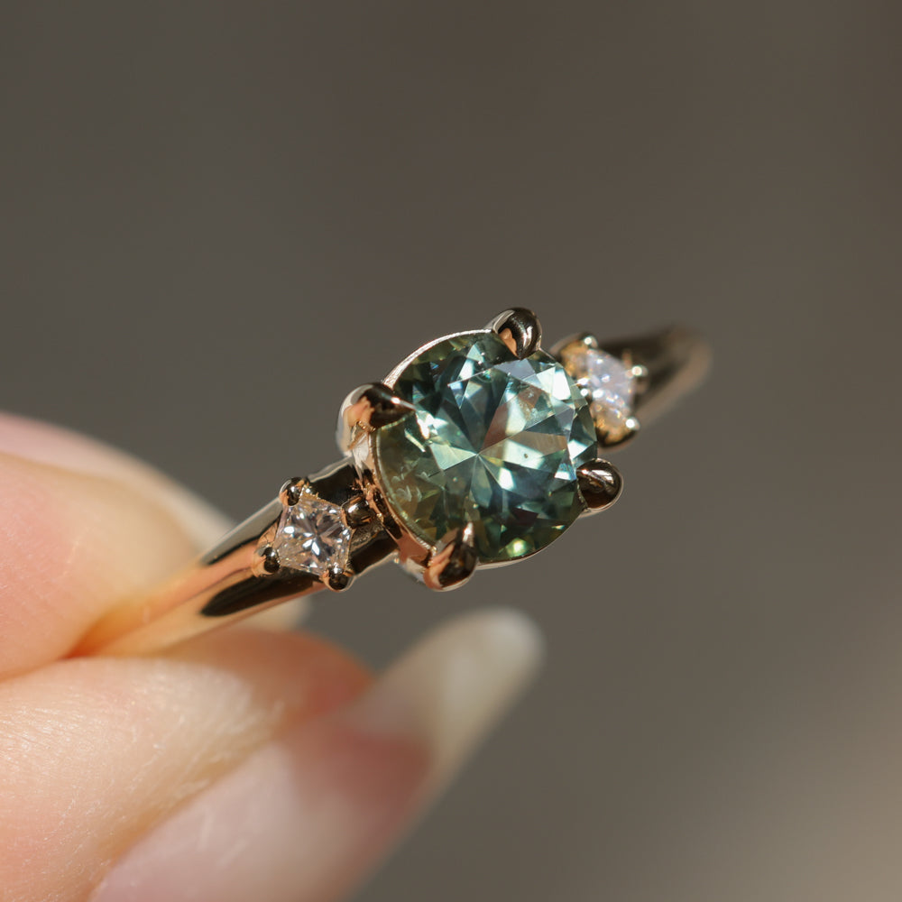 0.93ct Round Seafoam Montana Sapphire and Princess Cut Diamond Rapids Low Profile Ring in 14k Yellow Gold