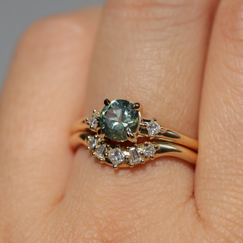 0.93ct Round Seafoam Montana Sapphire and Princess Cut Diamond Rapids Low Profile Ring in 14k Yellow Gold