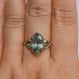 3.29ct Untreated Moval Montana Sapphire and Trillion Australian Sapphire Three Stone Scallop Cup Antique Style with Milgrain Low Profile Ring in 18k Yellow Gold
