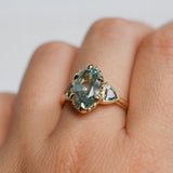 3.29ct Untreated Moval Montana Sapphire and Trillion Australian Sapphire Three Stone Scallop Cup Antique Style with Milgrain Low Profile Ring in 18k Yellow Gold