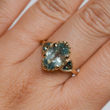 3.29ct Untreated Moval Montana Sapphire and Trillion Australian Sapphire Three Stone Scallop Cup Antique Style with Milgrain Low Profile Ring in 18k Yellow Gold