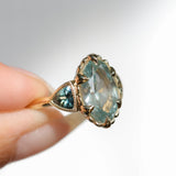 3.29ct Untreated Moval Montana Sapphire and Trillion Australian Sapphire Three Stone Scallop Cup Antique Style with Milgrain Low Profile Ring in 18k Yellow Gold