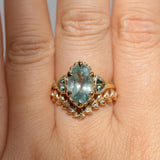 3.29ct Untreated Moval Montana Sapphire and Trillion Australian Sapphire Three Stone Scallop Cup Antique Style with Milgrain Low Profile Ring in 18k Yellow Gold