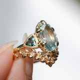 3.29ct Untreated Moval Montana Sapphire and Trillion Australian Sapphire Three Stone Scallop Cup Antique Style with Milgrain Low Profile Ring in 18k Yellow Gold