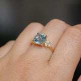 3.38ct Untreated Montana Sapphire Cushion Cut Marquise Diamond Cluster Ring in 18k Yellow Gold