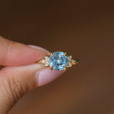 3.38ct Untreated Montana Sapphire Cushion Cut Marquise Diamond Cluster Ring in 18k Yellow Gold