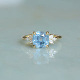 3.38ct Untreated Montana Sapphire Cushion Cut Marquise Diamond Cluster Ring in 18k Yellow Gold