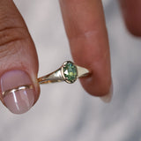 0.71ct Oval Green Precision Cut Montana Sapphire Low Profile 4 Prong Signet Solitaire in 14k Yellow Gold