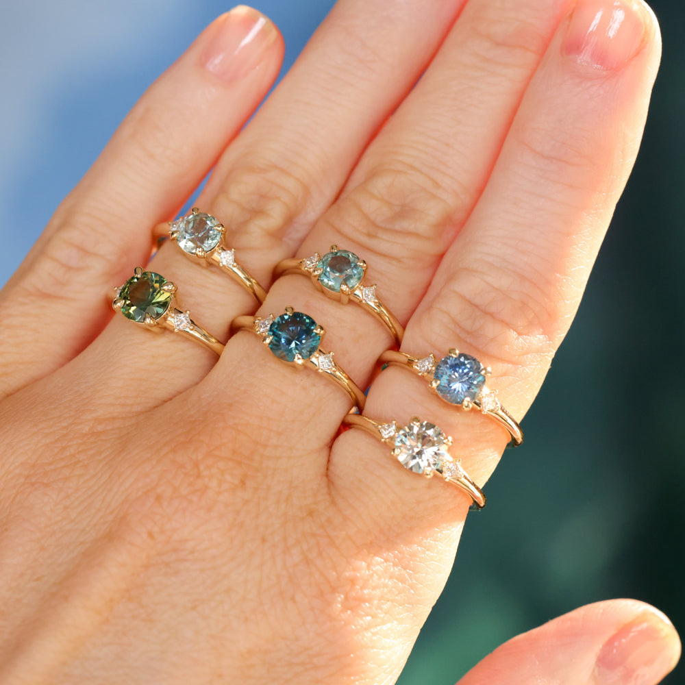 1.14ct Round Deep Blue Montana Sapphire and Princess Cut Diamond Rapids Low Profile Ring in 14k Yellow Gold
