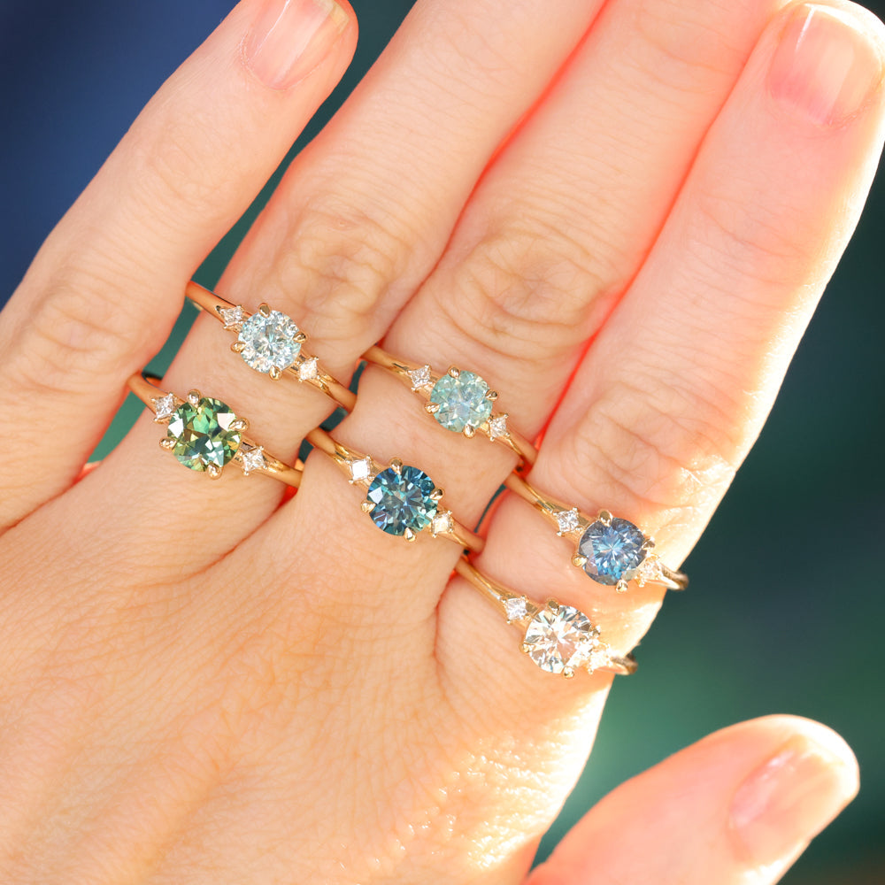 0.91ct Untreated Round White Montana Sapphire and Princess Cut Diamond Rapids Low Profile Ring in 14k Yellow Gold