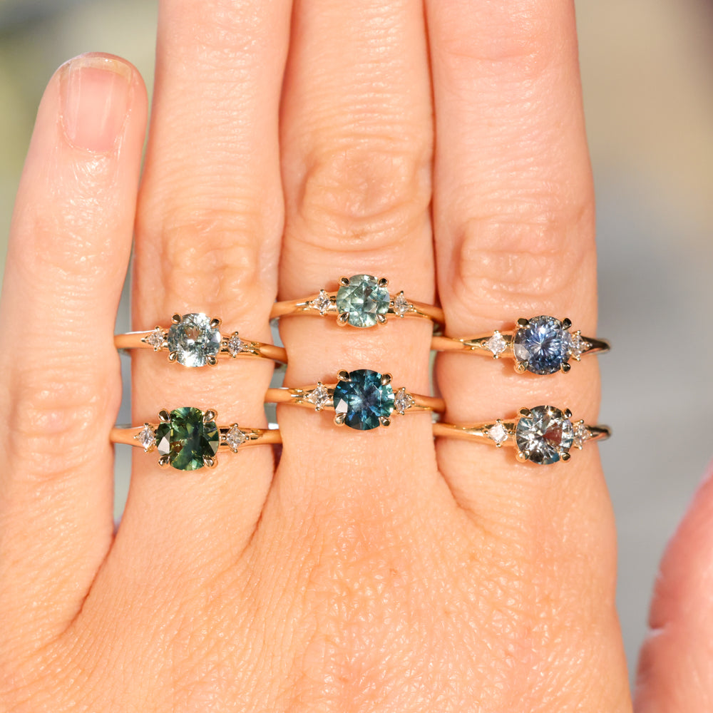 0.91ct Untreated Round White Montana Sapphire and Princess Cut Diamond Rapids Low Profile Ring in 14k Yellow Gold