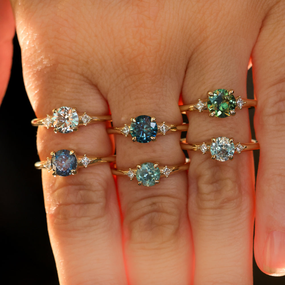 0.91ct Untreated Round White Montana Sapphire and Princess Cut Diamond Rapids Low Profile Ring in 14k Yellow Gold