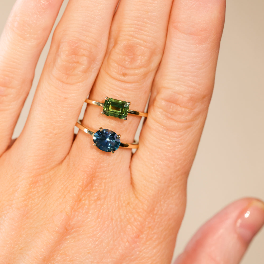 1.42ct Oval Blue Montana Sapphire Low Profile 4 Prong East-West Solitaire in 14k Yellow Gold