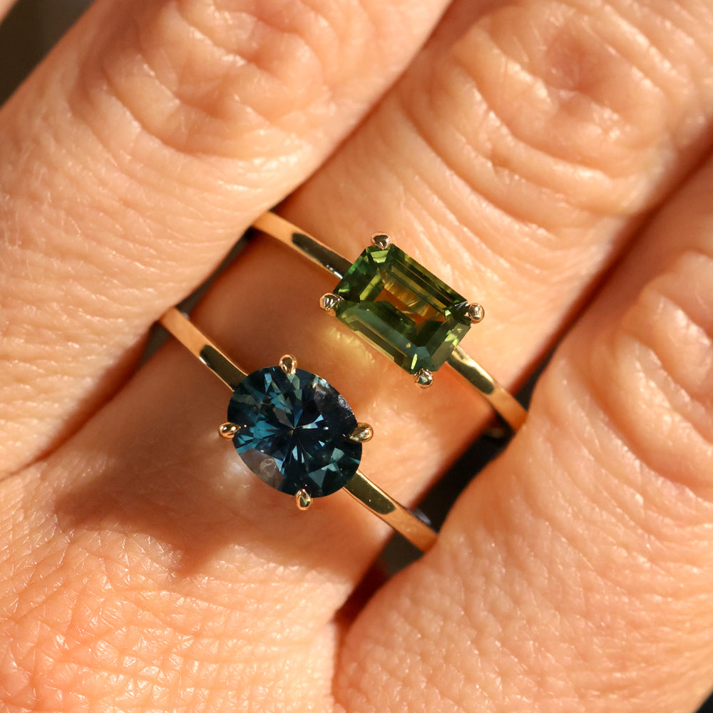 1.42ct Oval Blue Montana Sapphire Low Profile 4 Prong East-West Solitaire in 14k Yellow Gold