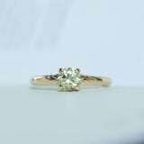 0.84ct Round Light Green Montana Sapphire Low Profile Four Prong Spring Bloom Solitaire in 14k Yellow Gold