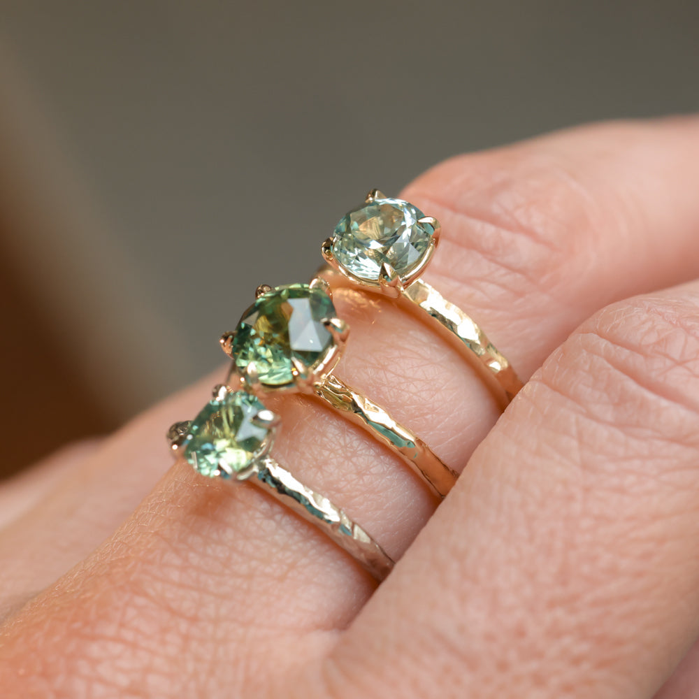 1.44ct Round Precision Cut Montana Sapphire Flat Band 4 Prong Solitaire Evergreen Ring in 14k Yellow Gold