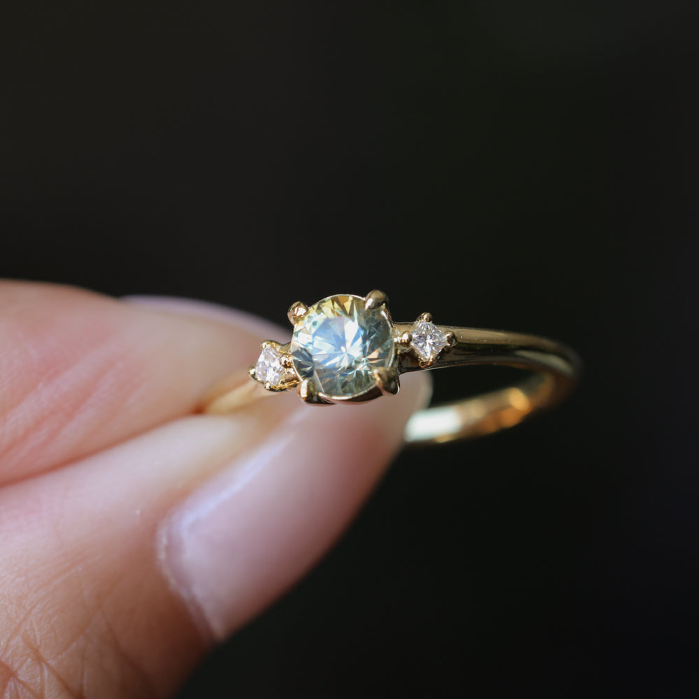 0.71ct Bicolor Round Montana Sapphire and Princess Cut Diamond Rapids Low Profile Ring in 18k Yellow Gold