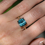 5.53ct Radant Cut Untreated Montana Sapphire and Princess Cut Diamond Rapids Low Profile Ring in 14k Yellow Gold