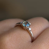 0.90ct Round Steely Blue Green Montana Sapphire and Princess Cut Diamond Rapids Low Profile Ring in 14k White Gold