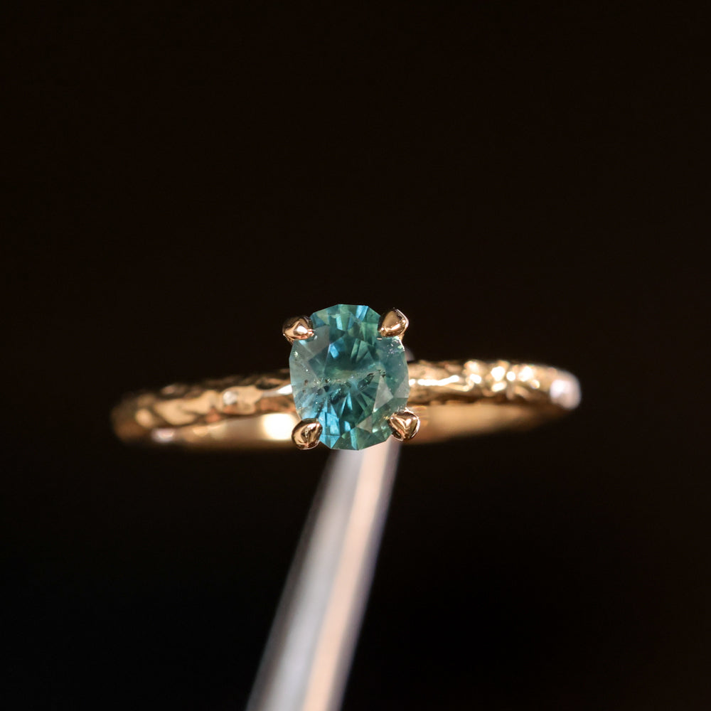 0.90ct Fancy Precision Teal Montana Sapphire Evergreen Carved 4 Prong Solitaire in 14k Yellow Gold