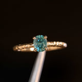 0.90ct Fancy Precision Teal Montana Sapphire Evergreen Carved 4 Prong Solitaire in 14k Yellow Gold