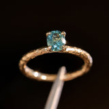 0.90ct Fancy Precision Teal Montana Sapphire Evergreen Carved 4 Prong Solitaire in 14k Yellow Gold