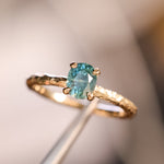 0.90ct Fancy Precision Teal Montana Sapphire Evergreen Carved 4 Prong Solitaire in 14k Yellow Gold