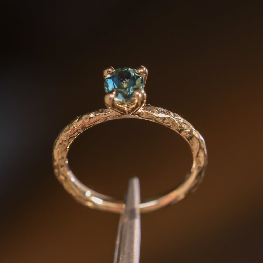 0.85ct Oval Precision Cut Ocean Blue Montana Sapphire Evergreen Carved 4 Prong Solitaire in 14k Yellow Gold