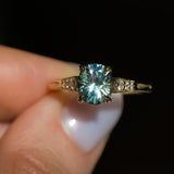 1.74ct Fancy Elongated Cushion Parti Teal Blue Montana Sapphire and Diamond Vintage Cathedral 4 Prong Solitaire in 14k Yellow