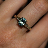 1.74ct Fancy Elongated Cushion Parti Teal Blue Montana Sapphire and Diamond Vintage Cathedral 4 Prong Solitaire in 14k Yellow