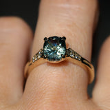 1.74ct Fancy Elongated Cushion Parti Teal Blue Montana Sapphire and Diamond Vintage Cathedral 4 Prong Solitaire in 14k Yellow