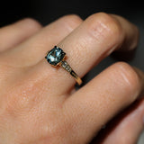 1.74ct Fancy Elongated Cushion Parti Teal Blue Montana Sapphire and Diamond Vintage Cathedral 4 Prong Solitaire in 14k Yellow