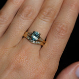 1.74ct Fancy Elongated Cushion Parti Teal Blue Montana Sapphire and Diamond Vintage Cathedral 4 Prong Solitaire in 14k Yellow