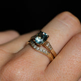 1.74ct Fancy Elongated Cushion Parti Teal Blue Montana Sapphire and Diamond Vintage Cathedral 4 Prong Solitaire in 14k Yellow