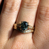 1.74ct Fancy Elongated Cushion Parti Teal Blue Montana Sapphire and Diamond Vintage Cathedral 4 Prong Solitaire in 14k Yellow