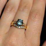 1.74ct Fancy Elongated Cushion Parti Teal Blue Montana Sapphire and Diamond Vintage Cathedral 4 Prong Solitaire in 14k Yellow