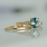 1.74ct Fancy Elongated Cushion Parti Teal Blue Montana Sapphire and Diamond Vintage Cathedral 4 Prong Solitaire in 14k Yellow