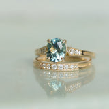 1.74ct Fancy Elongated Cushion Parti Teal Blue Montana Sapphire and Diamond Vintage Cathedral 4 Prong Solitaire in 14k Yellow