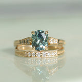 1.74ct Fancy Elongated Cushion Parti Teal Blue Montana Sapphire and Diamond Vintage Cathedral 4 Prong Solitaire in 14k Yellow