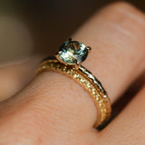 1.34ct Round Precision Cut Montana Sapphire 4 Prong Solitaire Evergreen Ring in 14k Yellow Gold