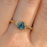0.78ct Teal Montana Sapphire and Genuine Antique Diamond Mountainscape Ring in 14k Evergreen Carved Yellow Gold