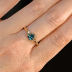 0.78ct Teal Montana Sapphire and Genuine Antique Diamond Mountainscape Ring in 14k Evergreen Carved Yellow Gold
