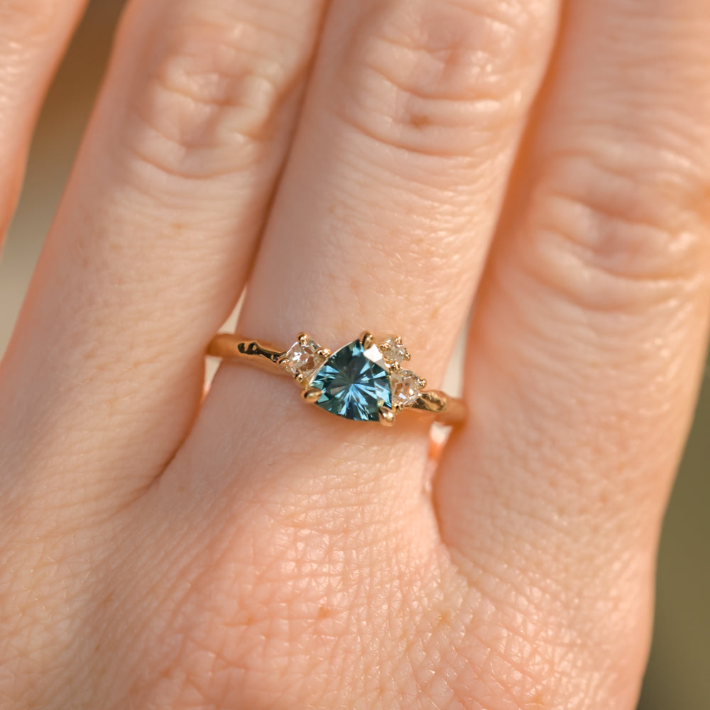 0.78ct Teal Montana Sapphire and Genuine Antique Diamond Mountainscape Ring in 14k Evergreen Carved Yellow Gold