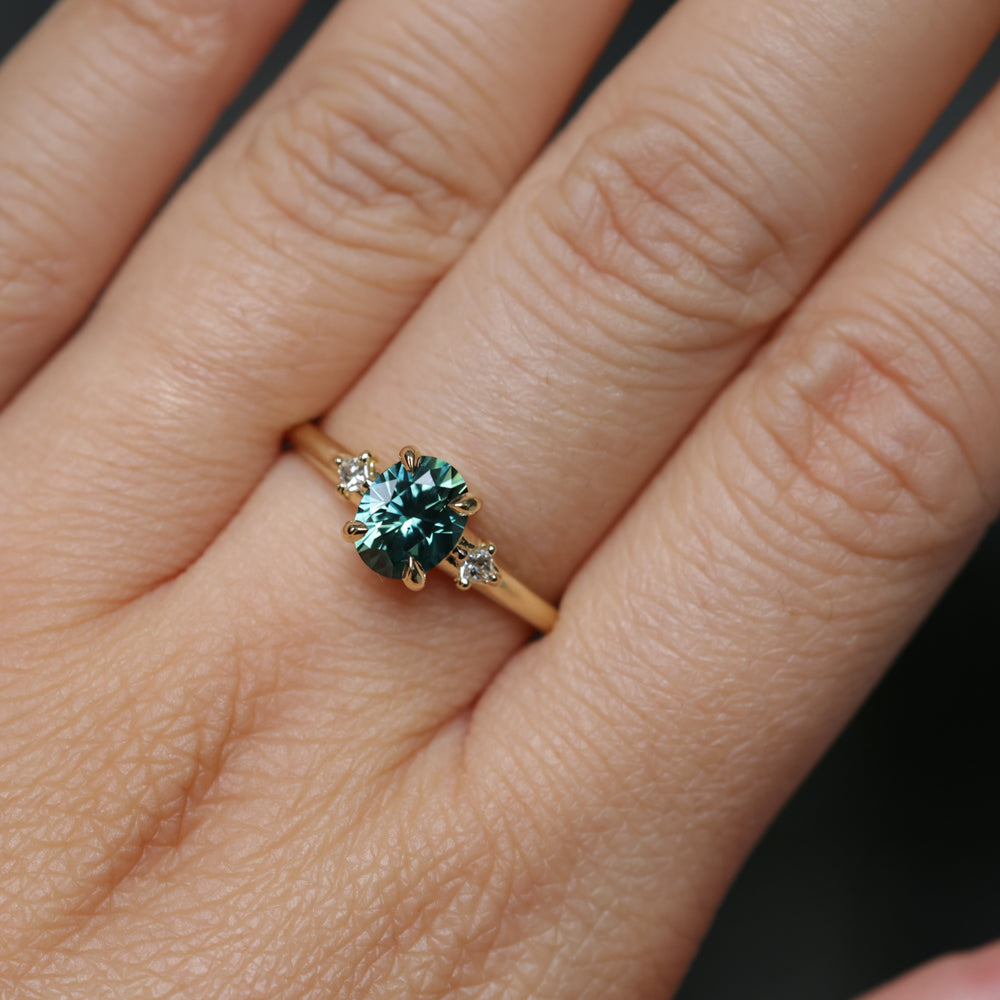 1.41ct Oval Teal Parti Montana Sapphire and Princess Cut Diamond Rapids Low Profile Ring in 18k Yellow Gold