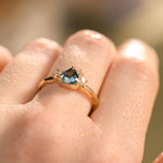 0.78ct Teal Montana Sapphire and Genuine Antique Diamond Mountainscape Ring in 14k Evergreen Carved Yellow Gold