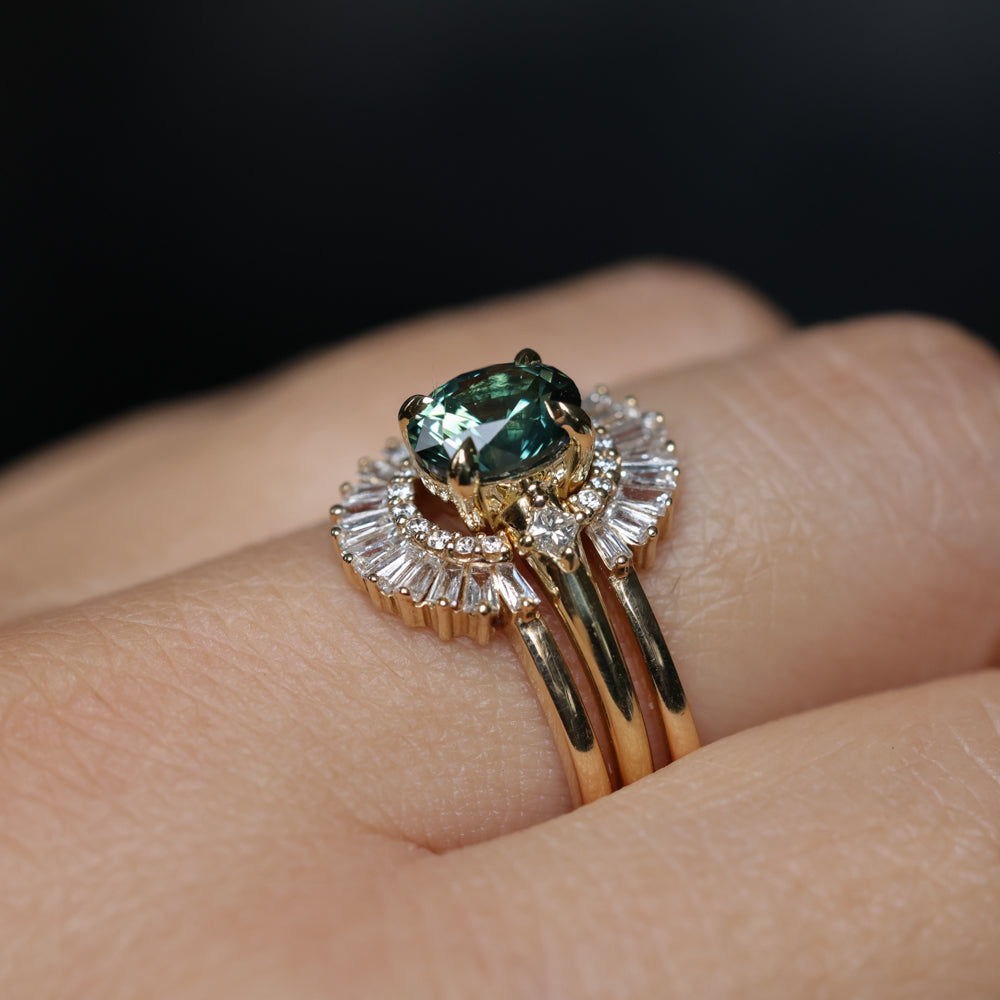 1.41ct Oval Teal Parti Montana Sapphire and Princess Cut Diamond Rapids Low Profile Ring in 18k Yellow Gold