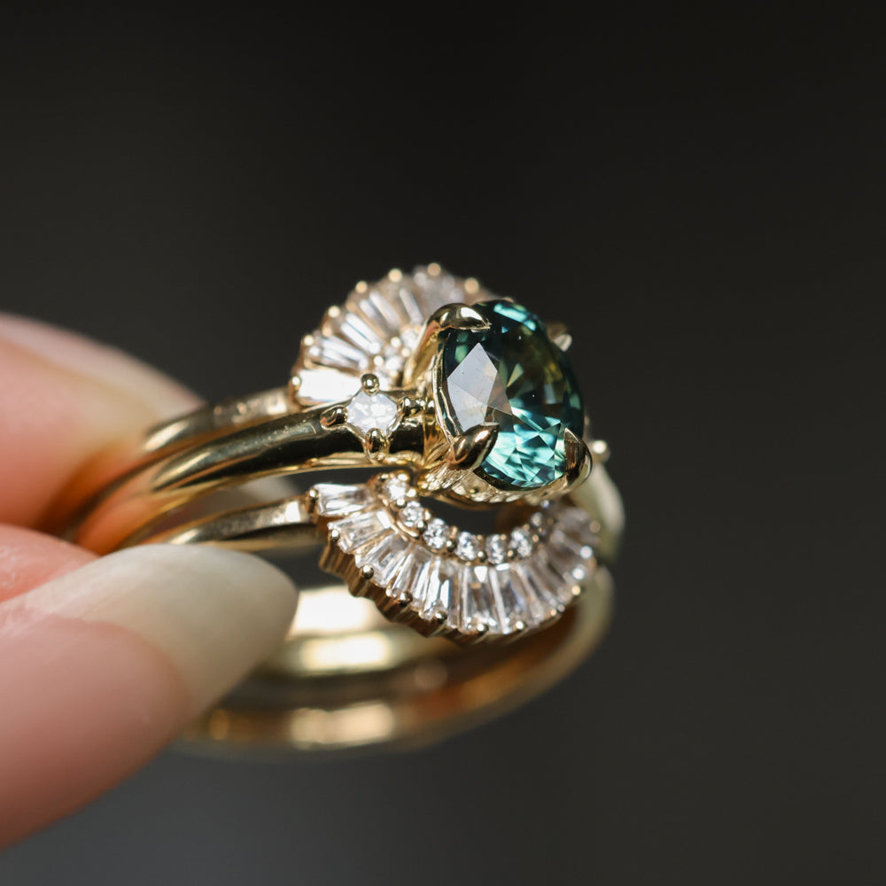 1.41ct Oval Teal Parti Montana Sapphire and Princess Cut Diamond Rapids Low Profile Ring in 18k Yellow Gold