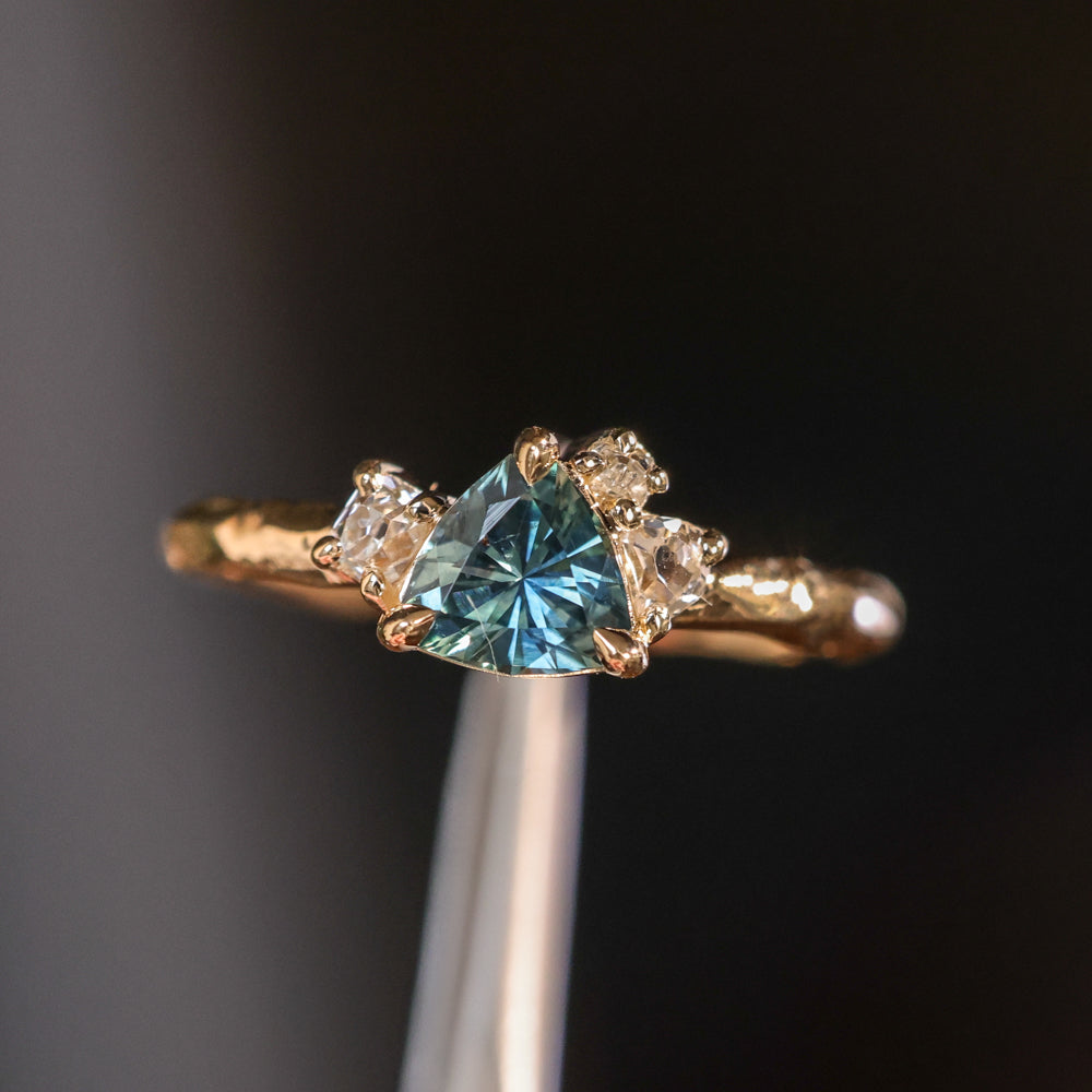 0.78ct Teal Montana Sapphire and Genuine Antique Diamond Mountainscape Ring in 14k Evergreen Carved Yellow Gold