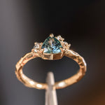 0.78ct Teal Montana Sapphire and Genuine Antique Diamond Mountainscape Ring in 14k Evergreen Carved Yellow Gold