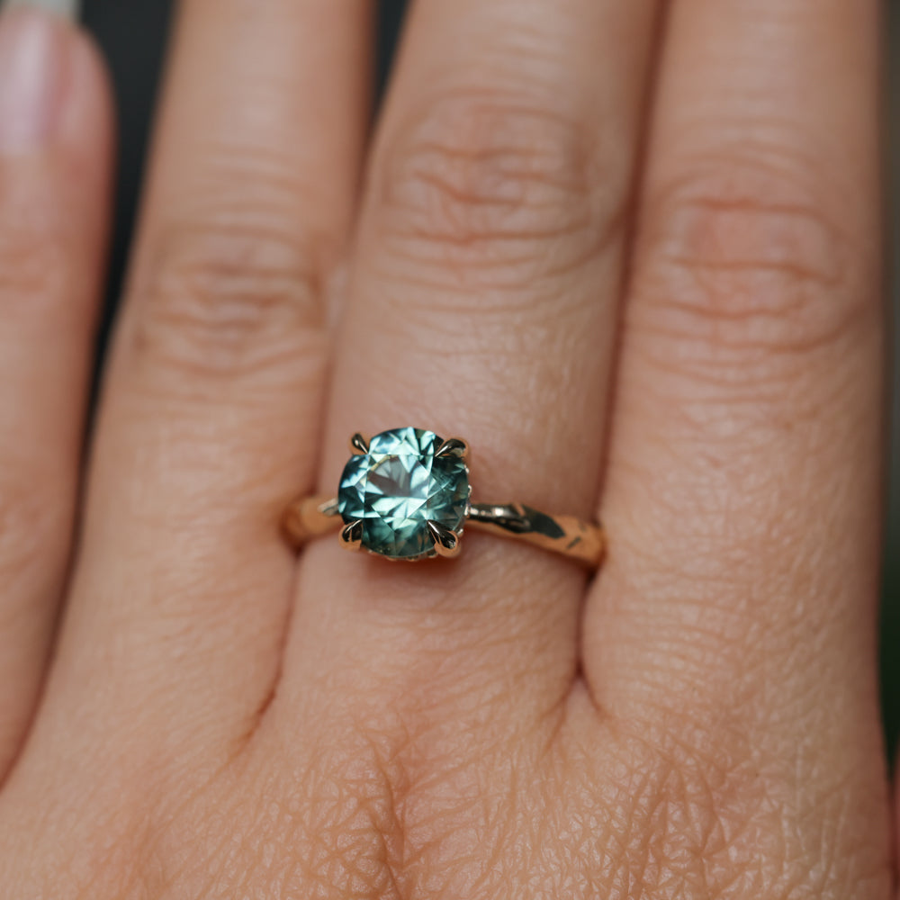 2.06ct Round Untreated Teal Montana Sapphire Hidden Halo Low Profile Evergreen Carved Four Prong Solitaire in 14k Yellow Gold